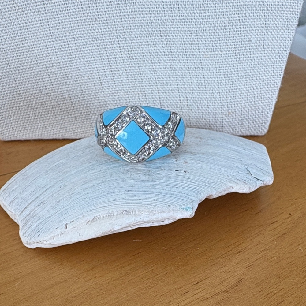 Eric Grossbardt Turquoise Inlay Diamonique CZ Channel Set Ring Sterling Size 7